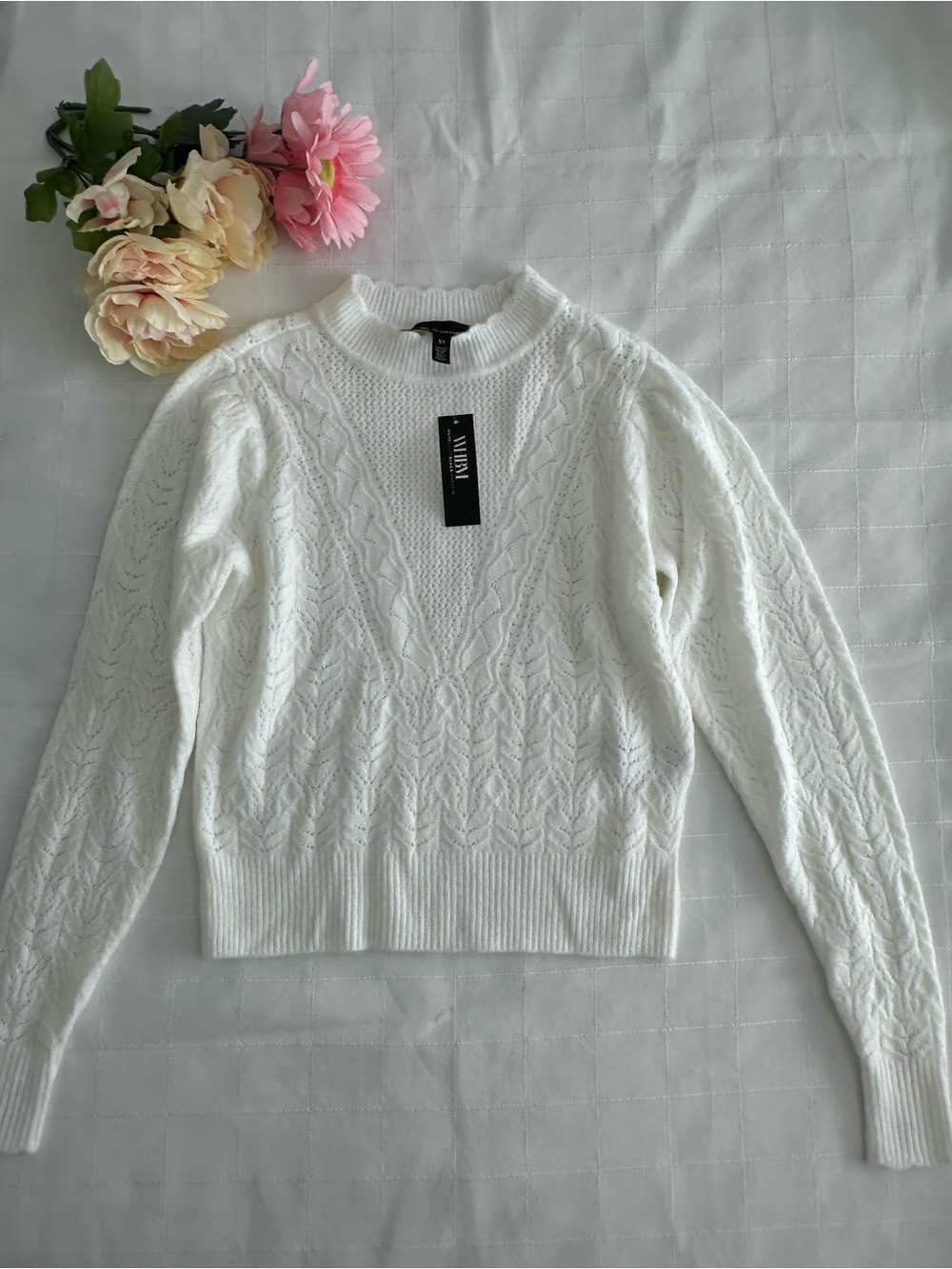 White House Black Market NWT Ecru Pointelle Mock-neck Light Sweater!